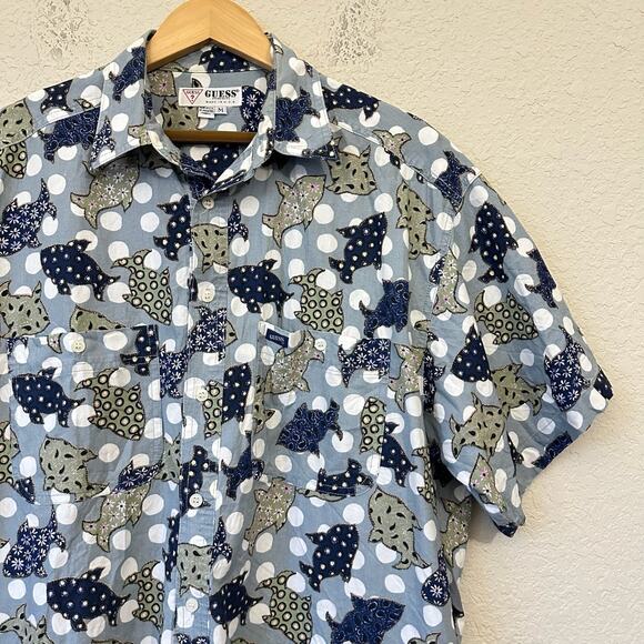 Vintage GUESS Shirt Blue Fish Floral All Over Print Button Up Cotton USA - Picture 5 of 11
